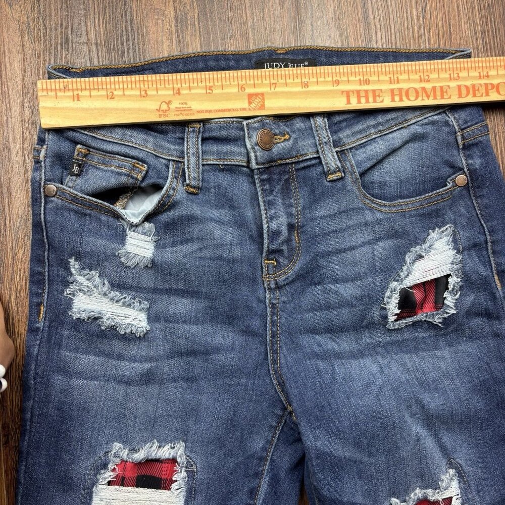Judy Blue Skinny Jeans Buffalo Plaid Patch Distressed Medium Wash Size 7/28 - Picture 7 of 11